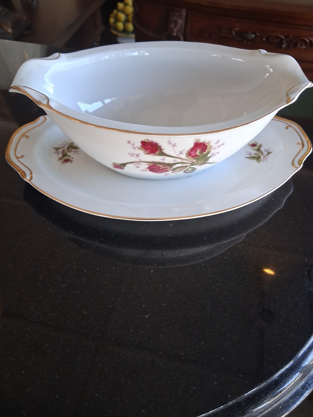 Classic White Porcelain Gravy Boat with Rose Floral Motif and Gold Trim
